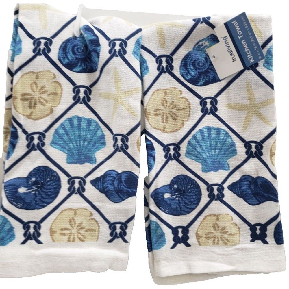 Set of 2 Same Towels (14"x24") NAUTICAL ROPE & SEALIFE, SEASHELL & STARFISH, TL